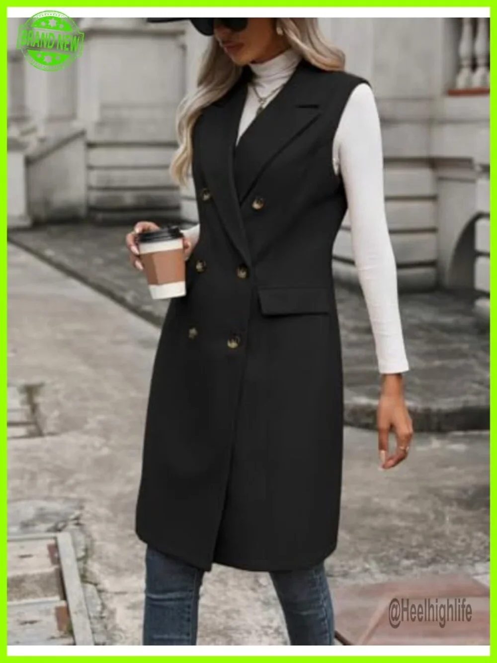 Sleeveless Long Wool Blazer Vest Double Breasted Notch Lapel